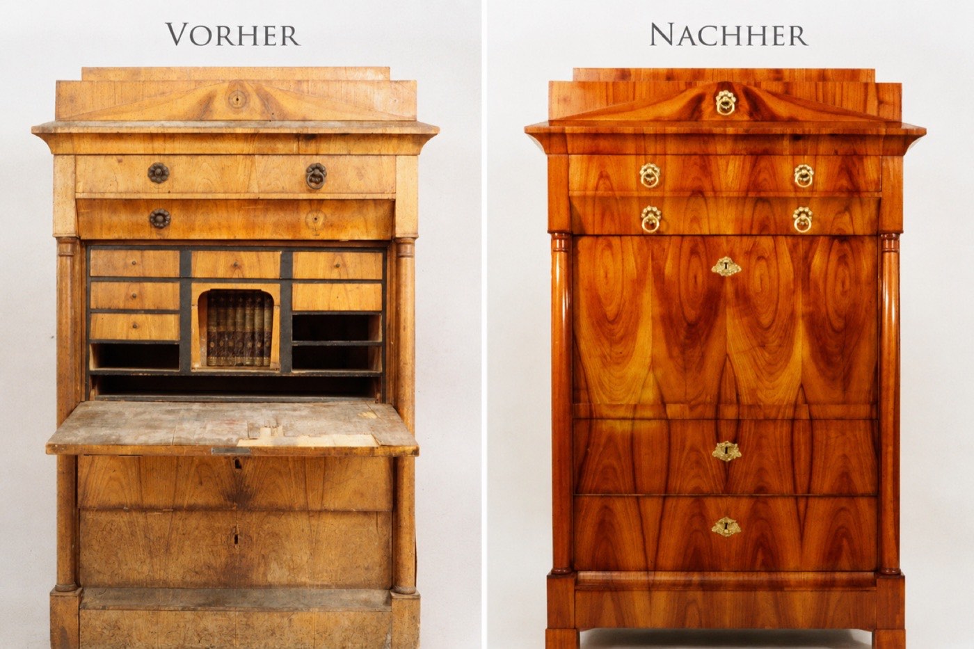 Vorher-Nachher-Vergleich einer restaurierten Kommode